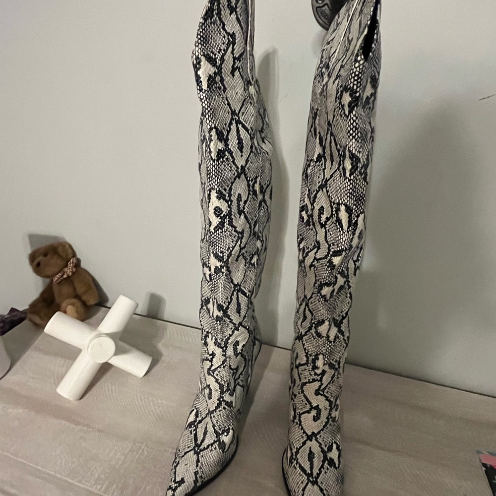Steve Madden Black and White Snake Print Knee-High Heeled Boots